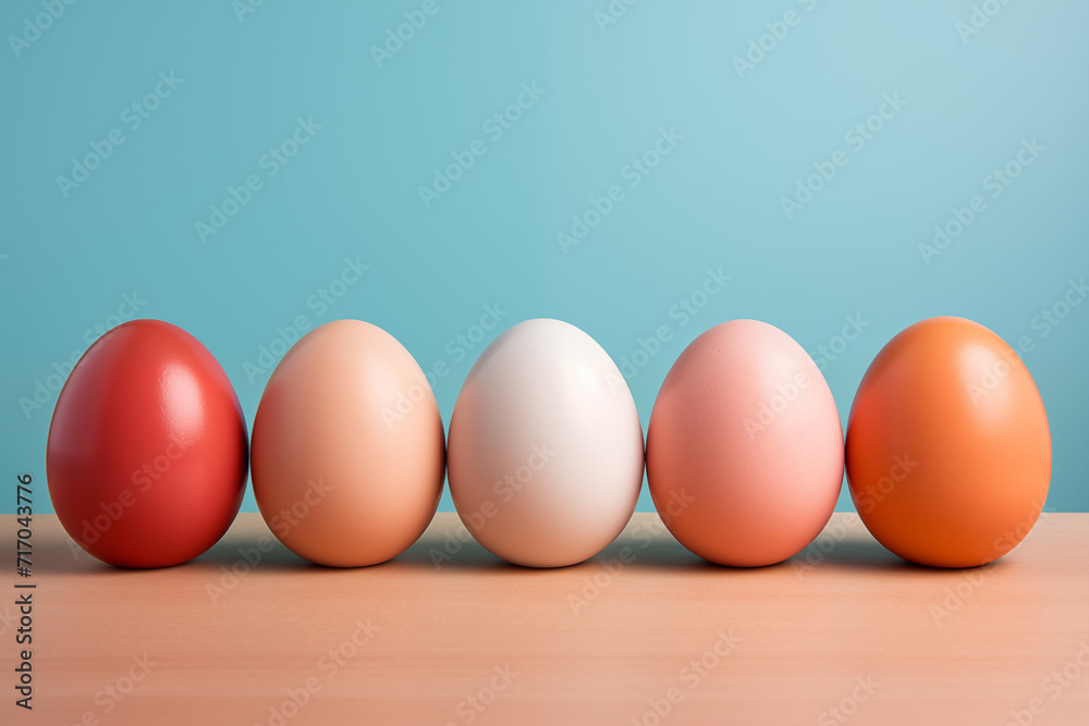Five eggs in a gradient from dark brown to white, symbolizing diversity and unity, are neatly arranged on a modern white tray against a soft pink backdrop. Concept: Diversity in unity.