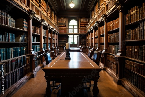 Classic library hall with rows of antique books