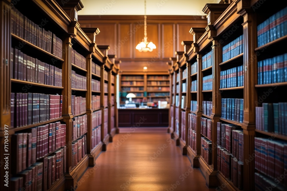 Classic library hall with rows of antique books