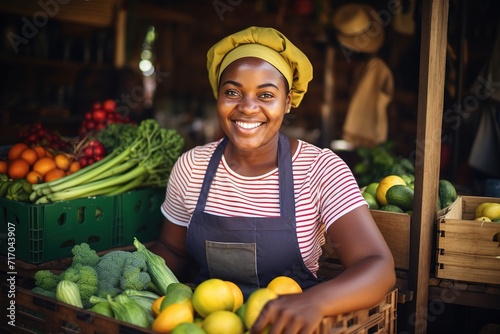 Joyful vendor at a vibrant market stall  surrounded by a bounty of fresh  organic produce