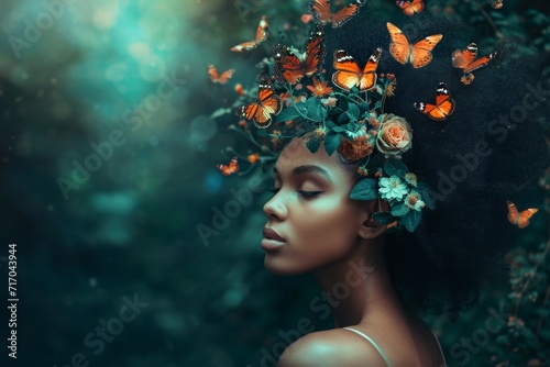 A woman's portrait with her hair made of live flowers and butterflies, set against a dark, enchanted forest background