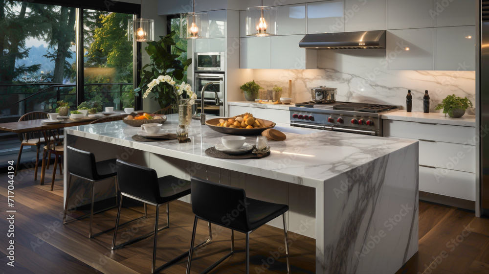 A sleek kitchen with minimalist white cabinets, stainless steel appliances, and a marble countertop, complemented by soft under-cabinet lighting that enhances the clean, contemporary feel.