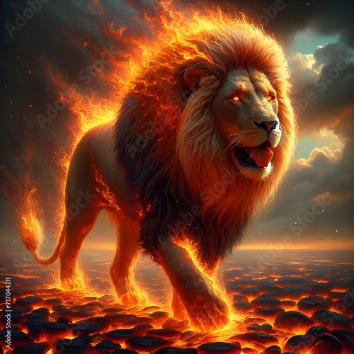 lion in fire with sky fantasy