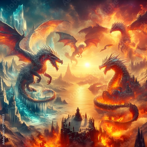 dragon in the night fire sky red water fantasy
