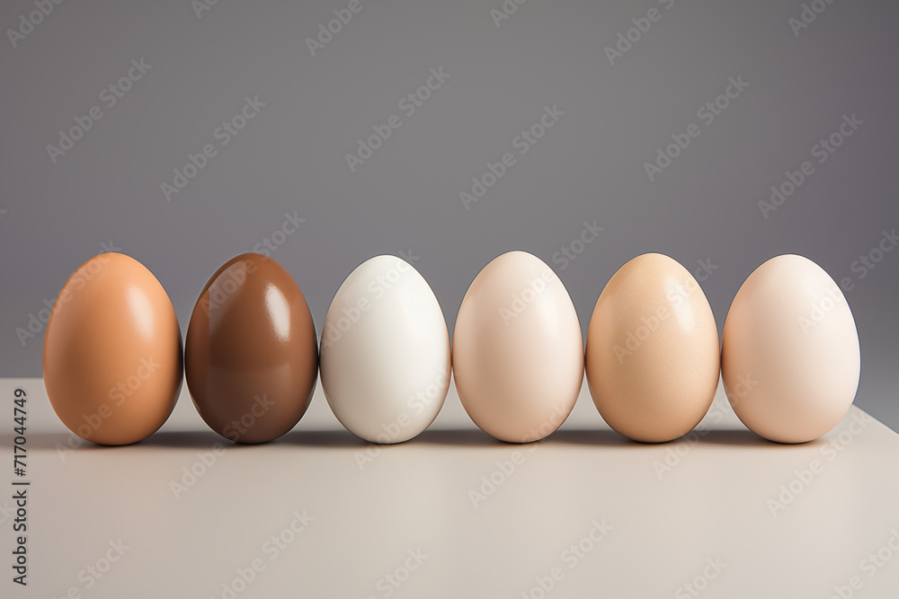Diverse egg lineup on a light surface, showcasing a gradient from dark brown to white. Ideal for nutrition, diversity, and Easter concepts. Plenty of copy space. Diverse egg lineup on a light surface, showcasing a gradient from dark brown to white. Ideal for nutrition, diversity, and Easter concepts. Plenty of copy space.