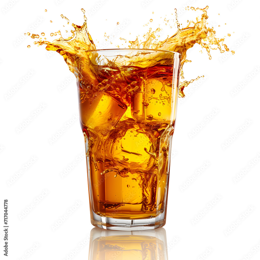 Glass cup of iced tea with splash isolated on white background