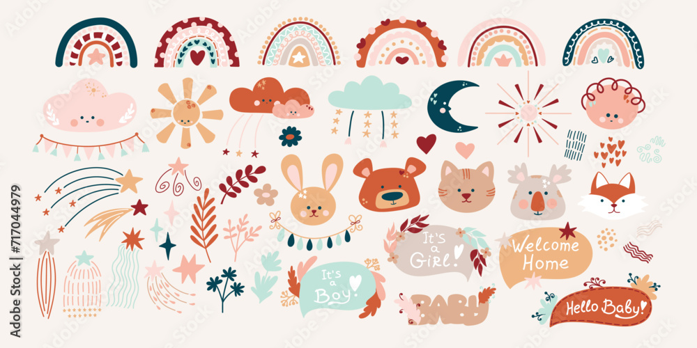 Bohemian baby set, gender neutral large children's set with cute animals, Clouds, Stars, Rainbow, Sun, Inscriptions. A set of vector illustrations of warm earthy flowers in Boho style Bohemian baby set, gender neutral large children's set with cute animals, Clouds, Stars, Rainbow, Sun, Inscriptions. A set of vector illustrations of warm earthy flowers in Boho style
