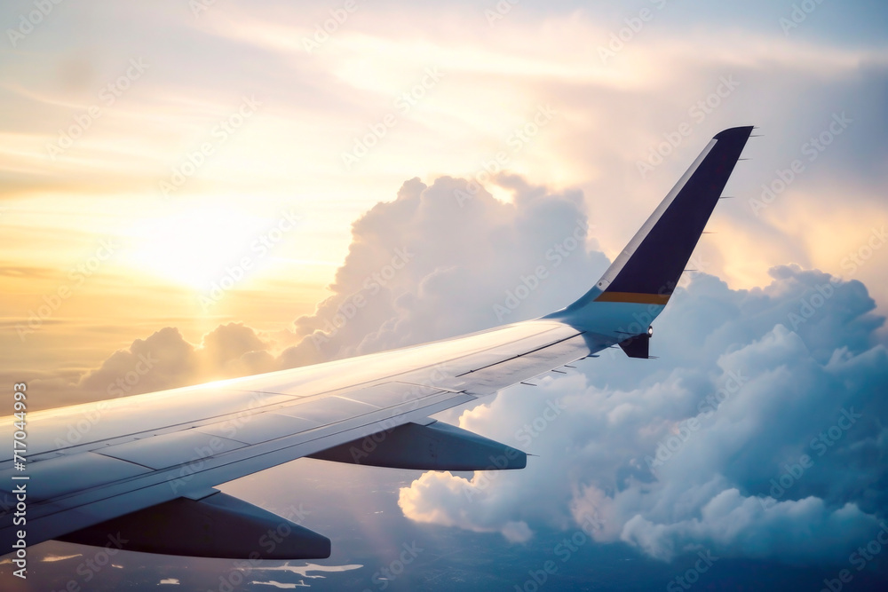Plane wing in cloudy sky , vacation concept, travel concept Plane wing in cloudy sky , vacation concept, travel concept