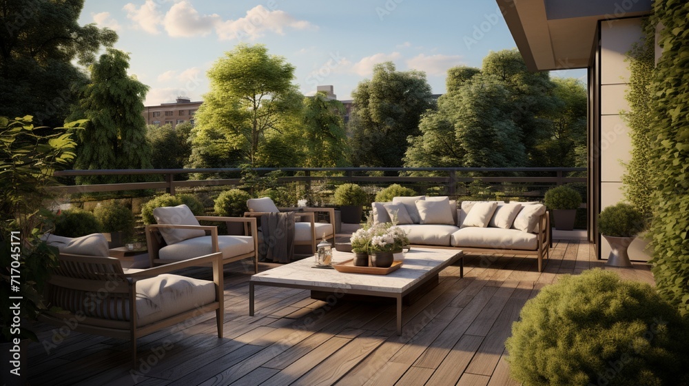 A luxury apartment with a serene and spacious terrace garden, offering an outdoor oasis in the heart of the city, complete with stylish patio furniture.