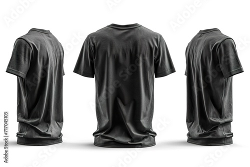 Set of black tee t shirt round neck front, back and side view on transparent background cutout photo