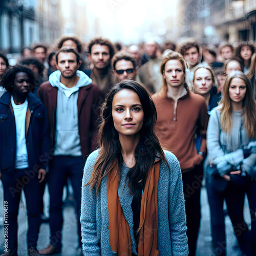 Young woman and Large walking crowd photo