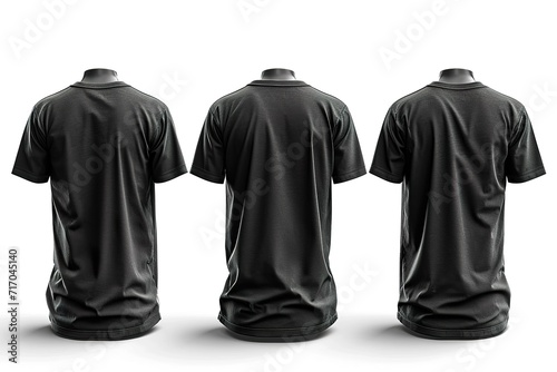 Set of black tee t shirt round neck front, back and side view on transparent background cutout