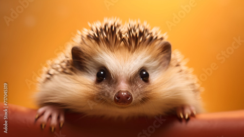 Small prickly hedgehog, eyes with black buttons, brown nose, on a light brown background 