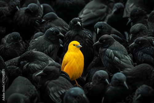 Yellow Bird Among Many Black Crow Flock, One Among Another Illustration, To Stand Out From Crowd Concept, Unique Person photo