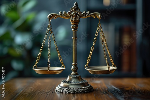 Shiny golden balanced scale in court library background as concept justice and fairness legal symbol. Scale balance for righteous and equality judgment by lawyer and attorney. photo