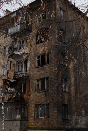 Kyiv, Ukraine - January 23, 2024: russia fired ballistic missiles at Kyiv in the morning. a rocket fell near the house and did not explode. the house is destroyed. people were evacuated from the house