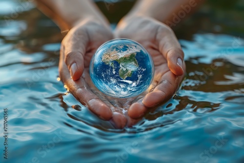 An evocative and symbolic World Water Day, featuring hands cupping clear, clean water with a reflection of the Earth, emphasizing the global significance of water conservation and sustainability