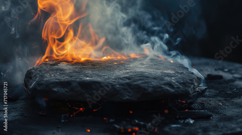 Flat stone on fire and rising smoke against a backdrop of dark, natural stones.