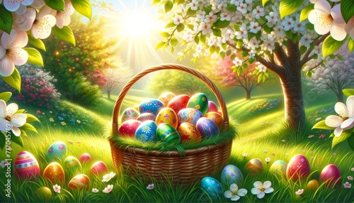 Easter painted eggs in a basket, placed on grass in a sunny orchard. Vibrant and cheerful atmosphere of a sunny spring orchard, highlighting the joy and beauty of Easter with brightly painted eggs.