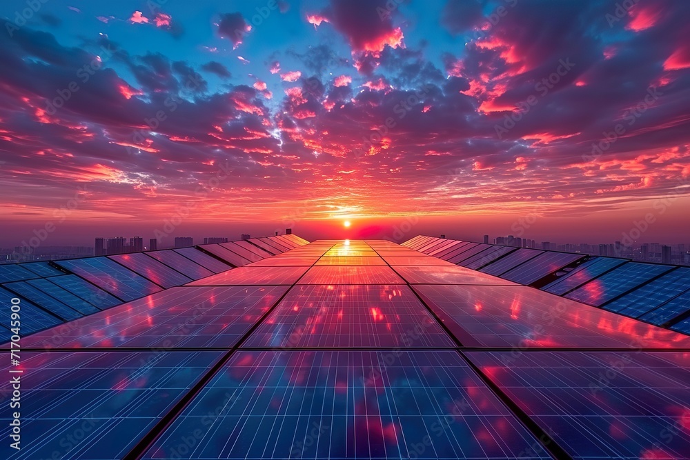 Solar panels and blue sky background.Solar cells farm on the roof and sunset - obrazy, fototapety, plakaty 