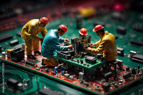 Group of worker figurines doing maintenance on a computer motherboard. Generative AI illustration.