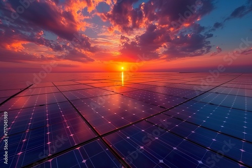 Solar panels and blue sky background.Solar cells farm on the roof and sunset
