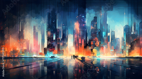 Movie background scene in abstraction,, Neon colored cityscape skyline at nigh