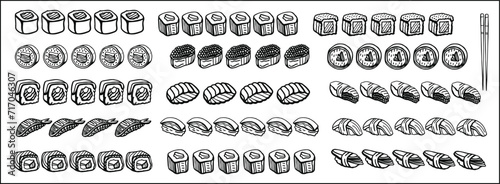 Isolated vector set of Japanese sushi set in hand drawn doodle style on a white background. Wasabi, ginger, soy sauce and sushi sticks. Asian food for restaurants menu.