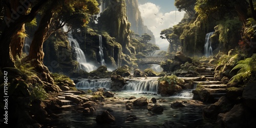 A Serene Park Scene Featuring A Cascading waterfall