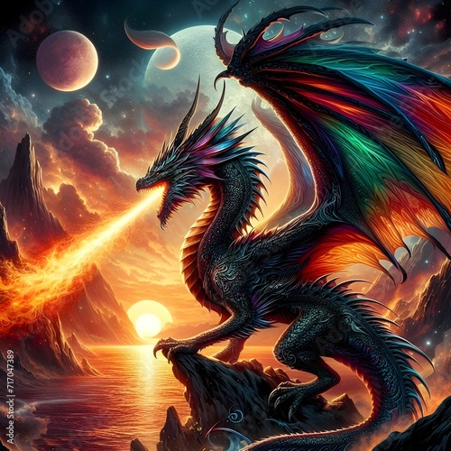 dragon in the night sky fire