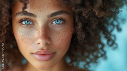 Young woman with striking blue eyes and curly hair