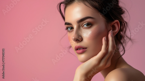 A young woman's side portrait with a striking gaze, highlighted by a gentle pink backdrop, exuding elegance and subtle sophistication.