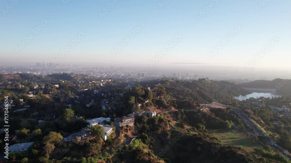 Hollywood Sign, Los Angeles USA Nov. 2023. Sunset Aerial view of Hollywood Hills and Los Angeles with skyline Hollywood Sign, Los Angeles USA Nov. 2023. Sunset Aerial view of Hollywood Hills and Los Angeles with skyline