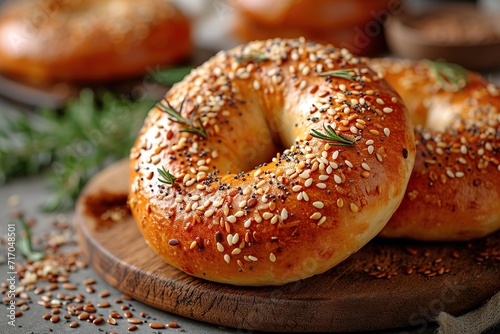 Tasty bagel with sesame and pumpkin seeds on light background 