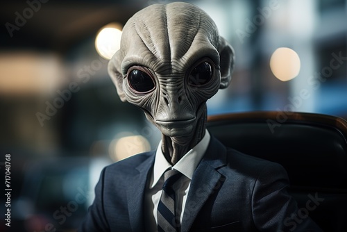 humanoid alien in a business suit on blurred office background photo