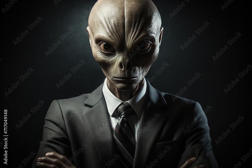 closeup portrait of an humanoid alien in a business suit with tie on a black background closeup portrait of an humanoid alien in a business suit with tie on a black background