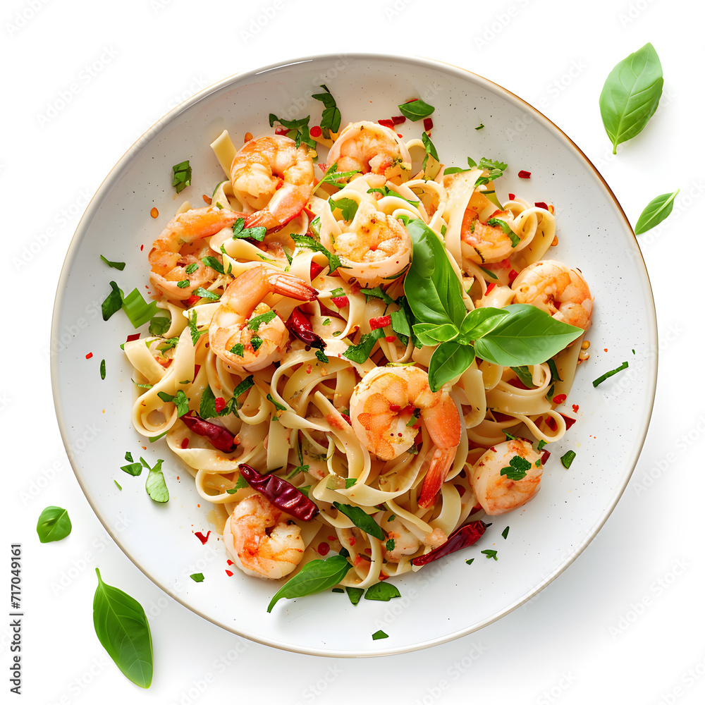 Shrimp Pasta with Fresh Herbs and Chili top view isolated on white Background Shrimp Pasta with Fresh Herbs and Chili top view isolated on white Background
