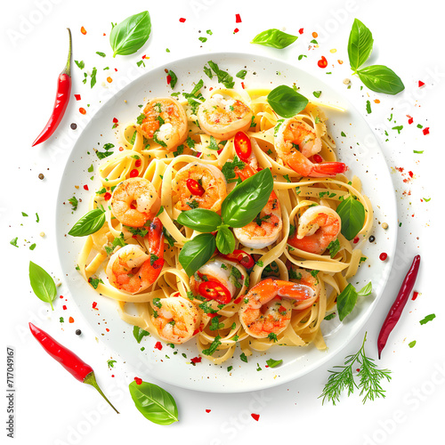 Shrimp Pasta with Fresh Herbs and Chili top view isolated on white Background