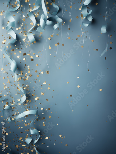 Confetti, golden glitter, and party streamers on soft pastel blue background with copy space. Minimalist festive texture. Simple, modern holiday abstract. Celebration, birthday decor.