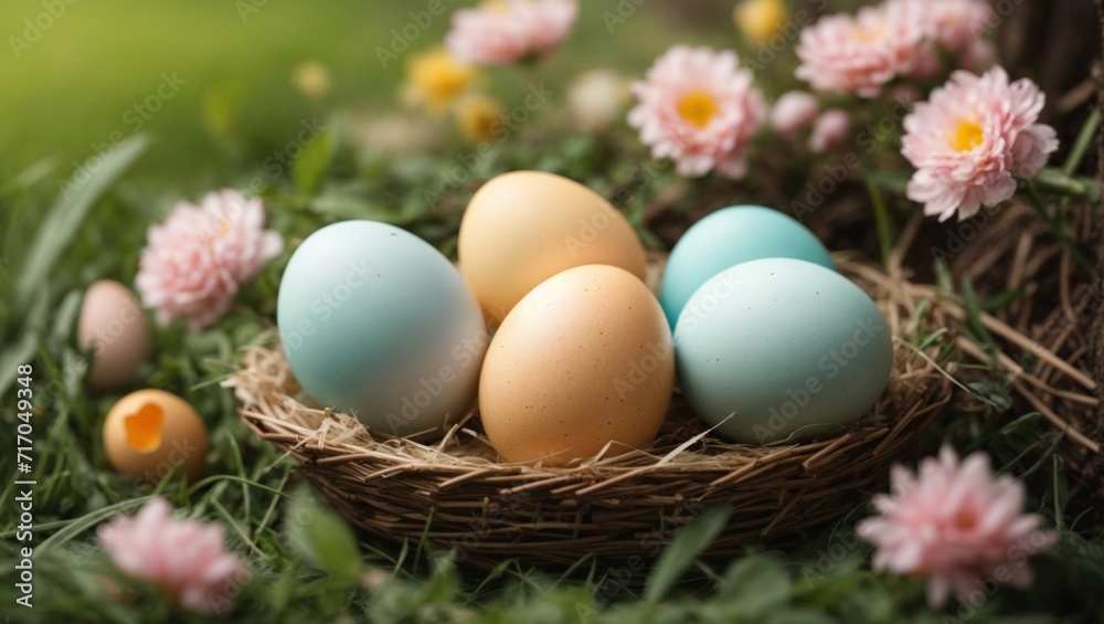 Easter eggs in a nest, close-up view. Easter spring background