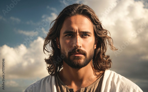 Jesus Christ face portrait on the blue sky background. Christian religion horizontal banner © SD Danver