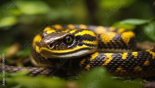 Wild snake in the grass  macro view. Black and yellow  python face closeup