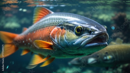 Salmon fish underwater close-up view