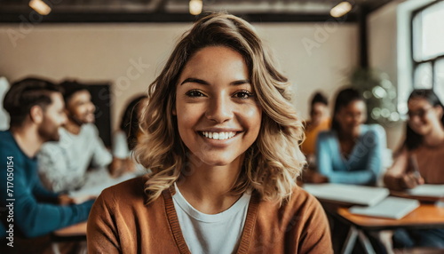 young adult multiracial multiethnic woman in a group study room or classroom, smiling joy photo