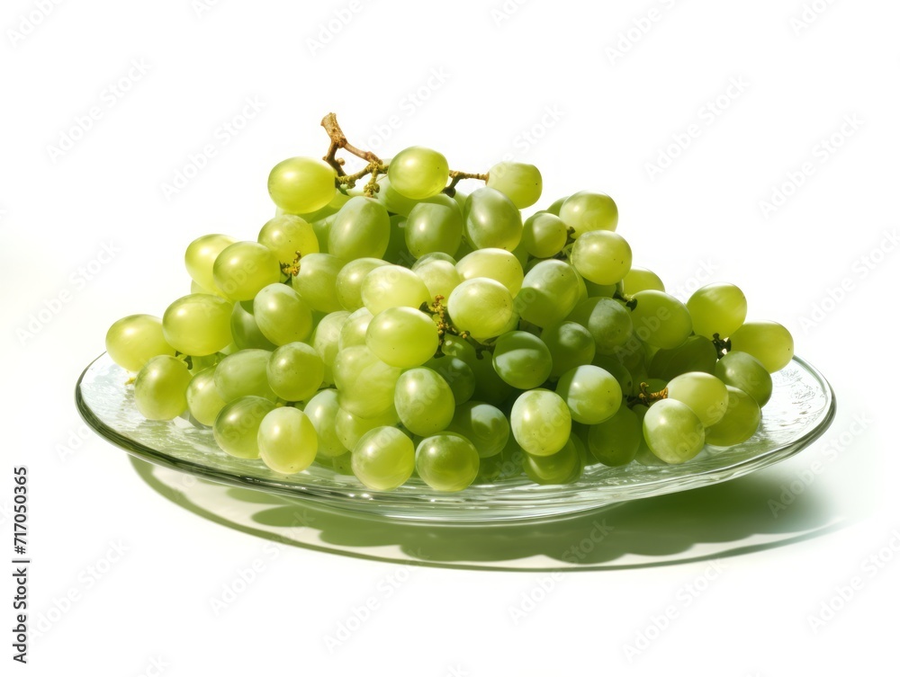 Branch of ripe green grape on a glass plate. Juicy lush grapes over white background, closeup shot