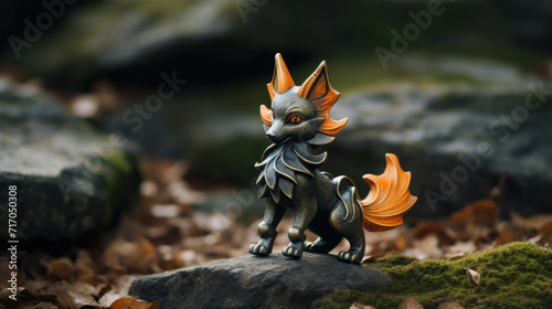 Metal figurine of a fox from Japanese folklore against background of stones and forest. © PaulShlykov