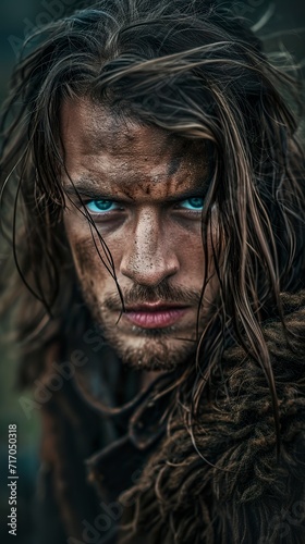 A Norwegian man with flowing hair and blue eyes in epic portrait style. Gorgeous man with complex costumes and penetrating gaze in shades of gray.