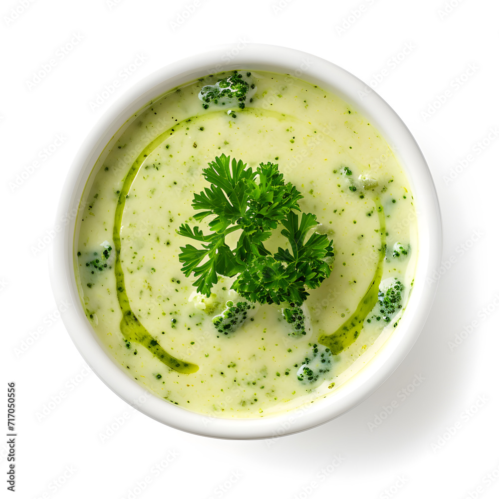 Broccoli cream soup top view isolated on white background Broccoli cream soup top view isolated on white background