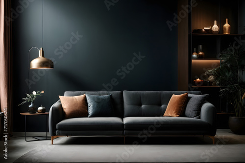 Modern house interior with an apartment with dark walls and dark comfortable armchairs