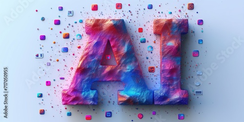 Artificial Inteligenge letters 3D colourful texture, on white background. AI generated Apps empowering design tools, knowledge, models, icons, design thinking